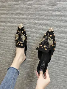 Women's Water Drill Animal Decor Fashion Casual Slip On Mules Flat Shoes, Fall New Style, Valentine's Day Special Offer