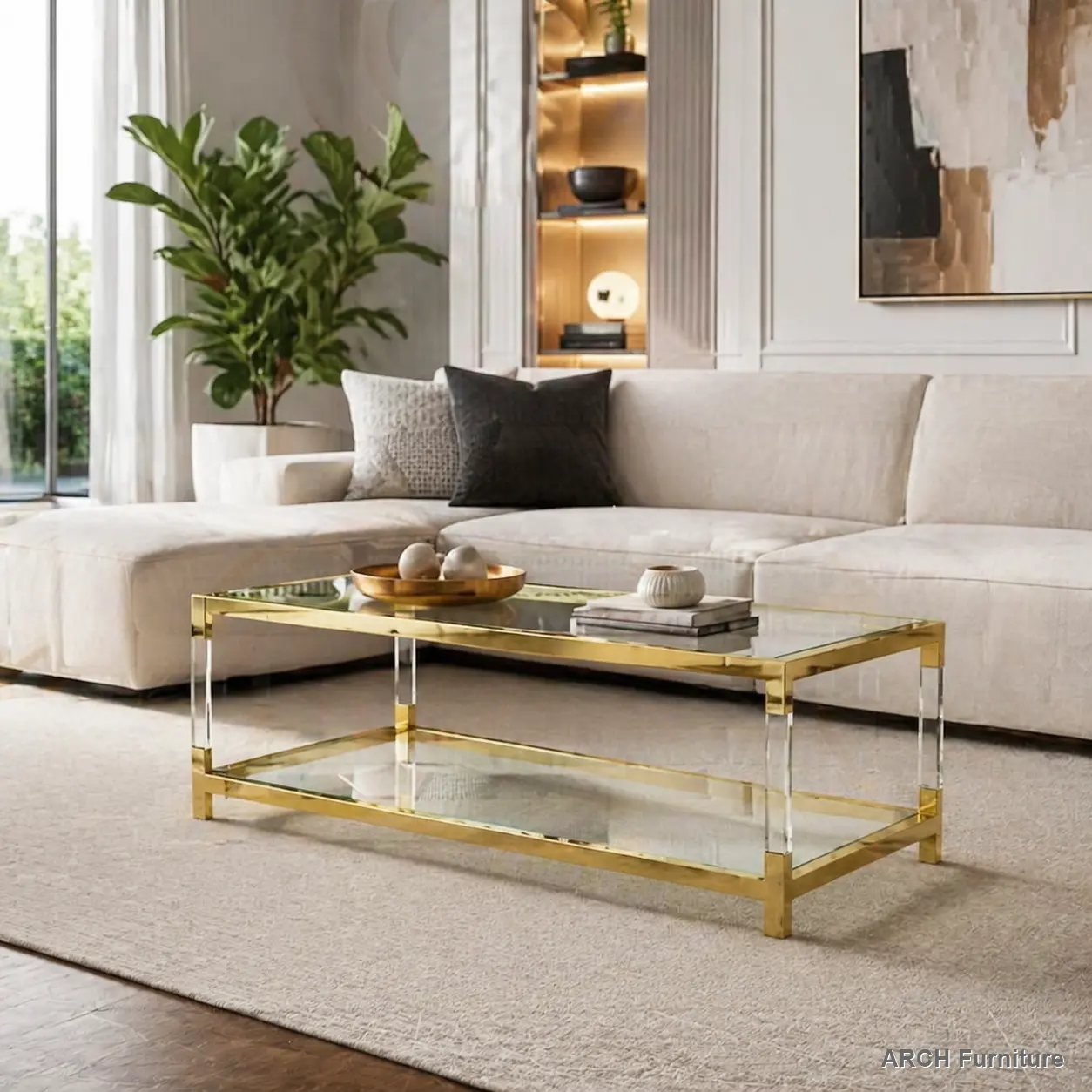 Modern Minimalist Durable Acrylic Coffee Table - Golden Metal Frame, Double-Layered Tempered Glass Top, Acrylic Legs, Easy Installation, 47.2x23.6x17.7in Indoor Living Room Furniture for Elegant Ambiance, Acrylic Coffee Tables