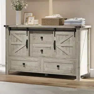 Amerlife 48" Farmhouse Dressers for Bedroom, Vintage Dresser Closet with Chest of 4 Drawers, Storage Cabinet with 2 Sliding Barn Doors, Organizer TV Stand Living Room