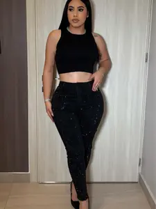 Blin Blin Women's High-Waisted Sequin Jeans Black Sparkle Denim Pants for Stylish Comfort with Sequin Detailing and Comfortable Fit