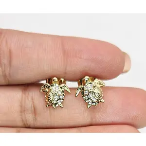 Turtle 14k Gold Plated 3D Cubic Zirconia Stud Women or Kids Earrings