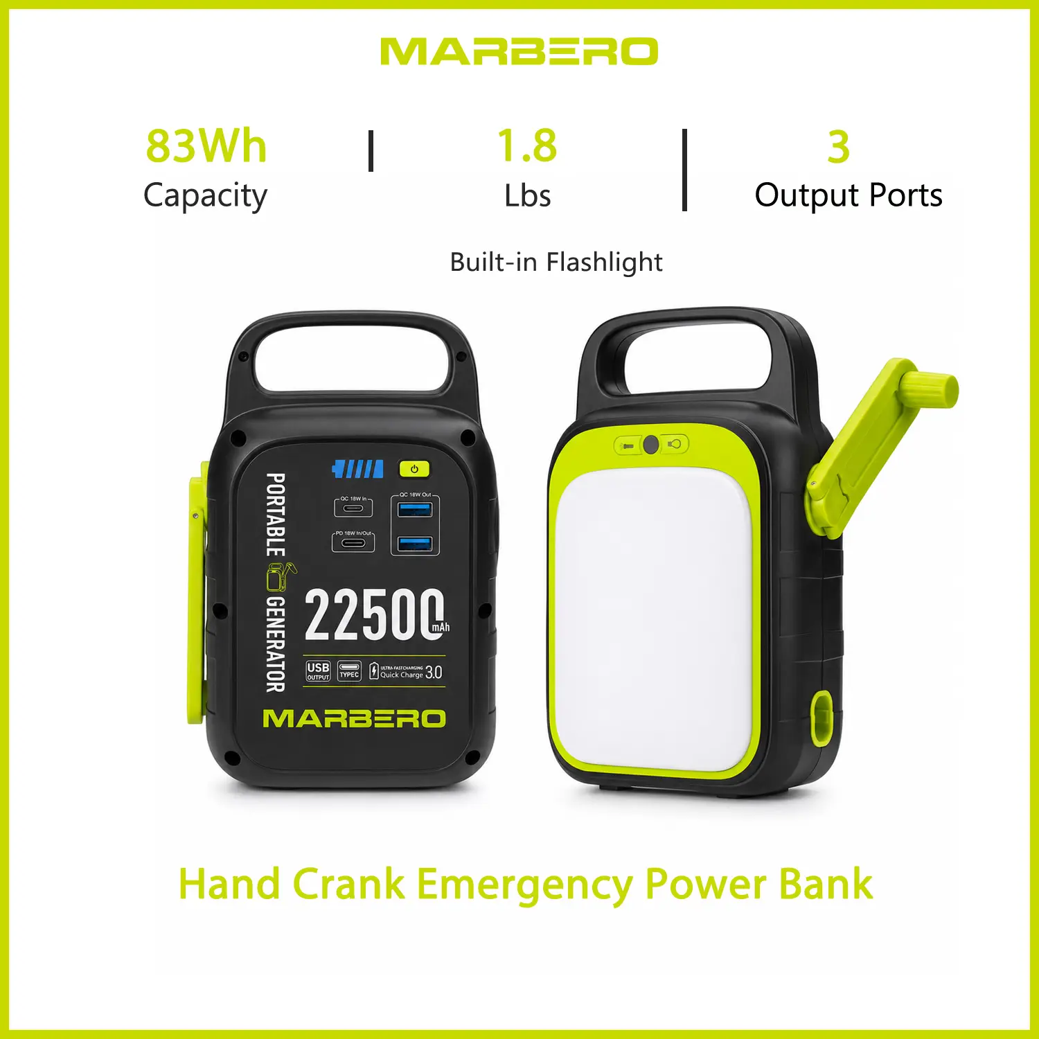 MARBERO 83Wh Portable Power Station with Hand Crank Portable Charger with USB C USB A & Camping Light 18W Fast Charge Battery Pack for iPhone, iPad, Samsung, All Mobile Phones Emergency