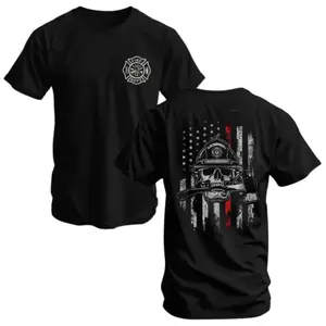 Fire Dept Skull and Axe 2 Sides Graphic Tee T shirt, Honor the Brave Firefighters with American Flag and Skull Design, Perfect for Patriotic Firefighter Enthusiasts