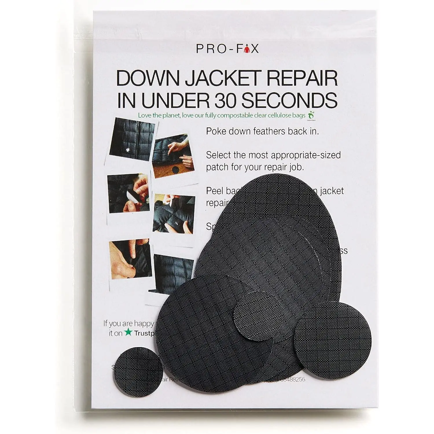 Pro-Fix Down Jacket Repair Patches Easy to Use, Pre-Cut, Self-Adhesive, Waterproof, -Resistant Rip-Stop Nylon Fabric Patches for Jackets & Patches for Clothing, Down Jacket Patches - Black