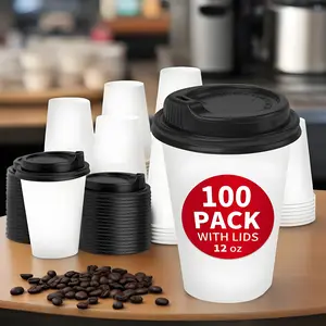 100-Pack 12oz Leak-Proof Disposable Coffee Cups with Lids - Thermal Paper Cups for Hot Chocolate, Coffee, Tea, Travel & Bar Use - Hand Wash Only, Coffee Travel Cups, Bar Accessories, Transparent Design, Thermal Insulation
