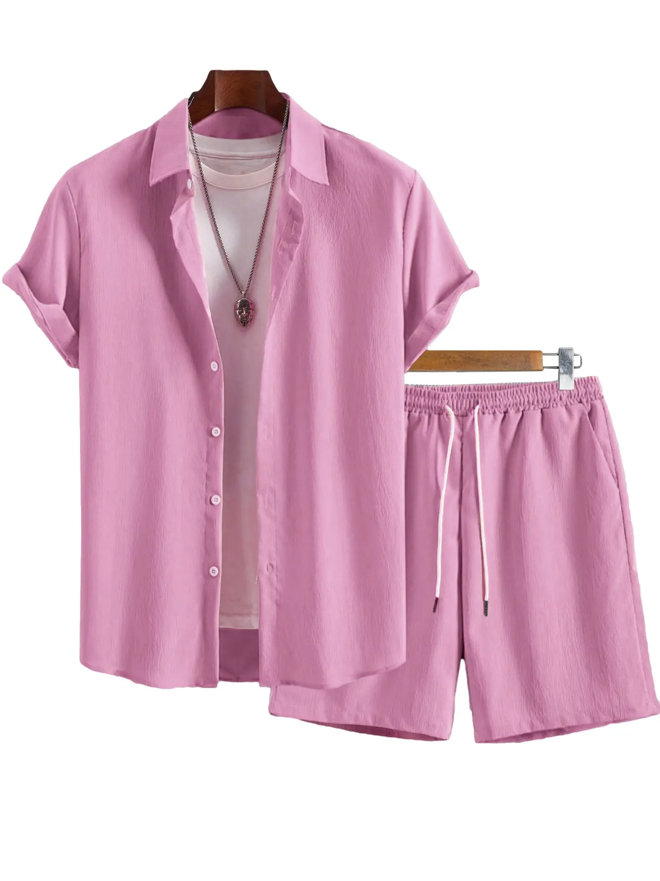 New Men's Plain Solid Color Classic Loose Two-Piece Casual Outfit Set - Button-Up Shirt with Matching Drawstring Shorts, Perfect for Travel and Vacation, Essential for Men