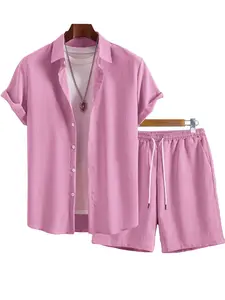 New Men's Solid Color Two-Piece Casual Set - Button-Up Shirt with Matching Drawstring Shorts, Perfect for Travel and Vacation, Essential for Men