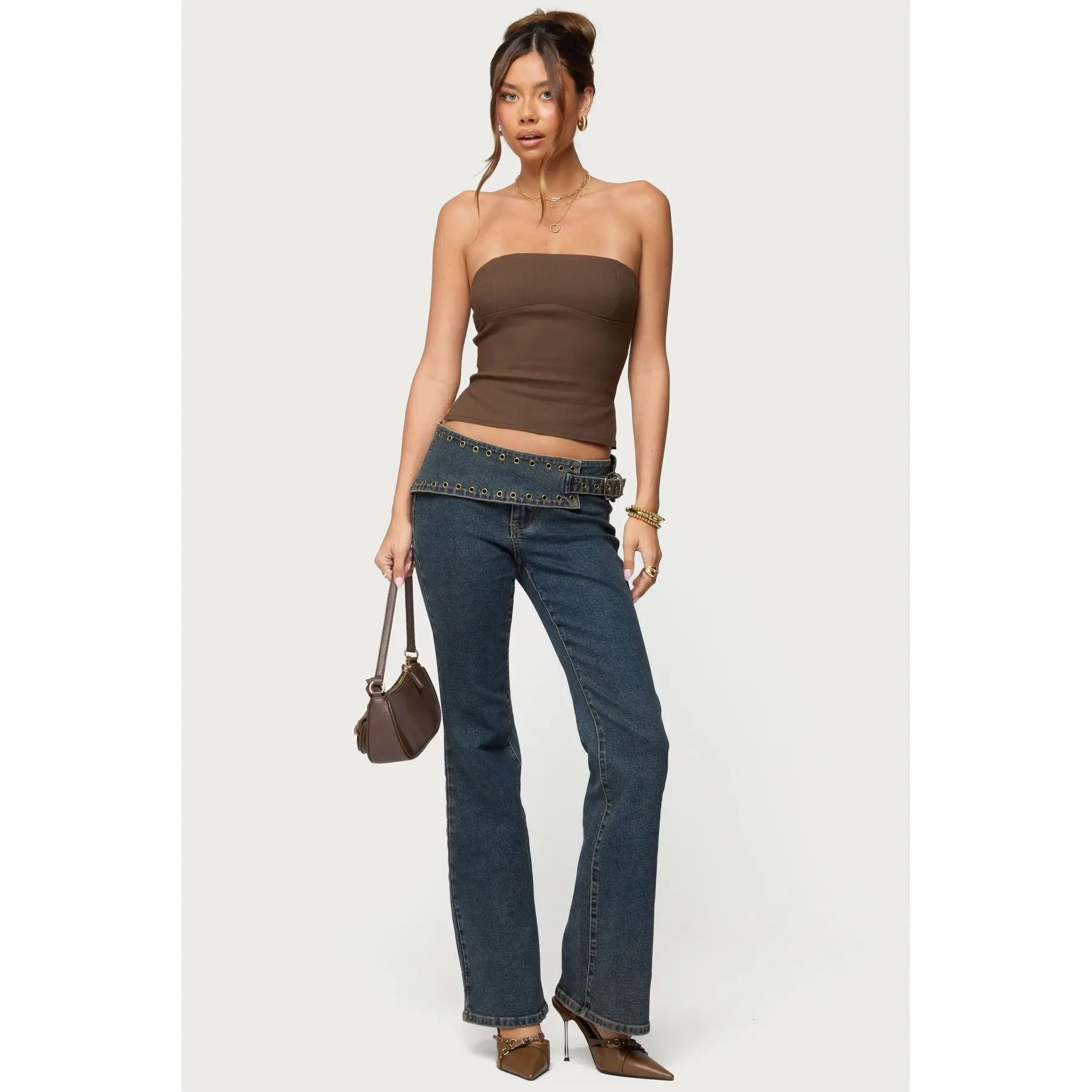 Asymmetric Grommet Belt Low Rise Flared Jeans