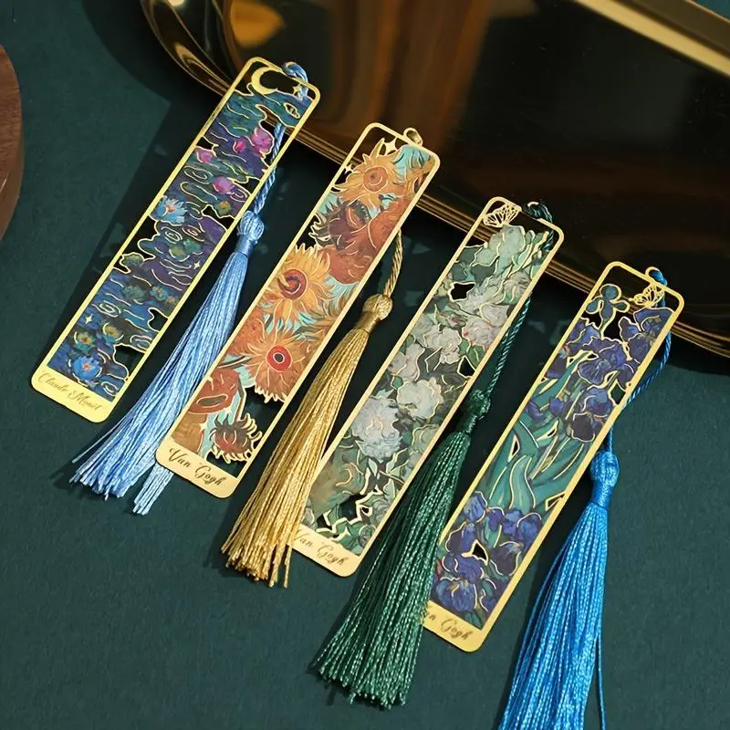 Vintage Flower Pattern Metal Bookmark with Tassel, 4 Counts Hollow Out Book Mark, Book Page Marker, Reading Stationery Gift for Book Club Readers