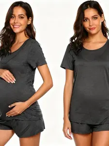 Women's Short Sleeve Nursing Maternity Top, Pure Color Casual Home Wear, Comfortable Breastfeeding Shirt for Mothers, Maternity Clothing