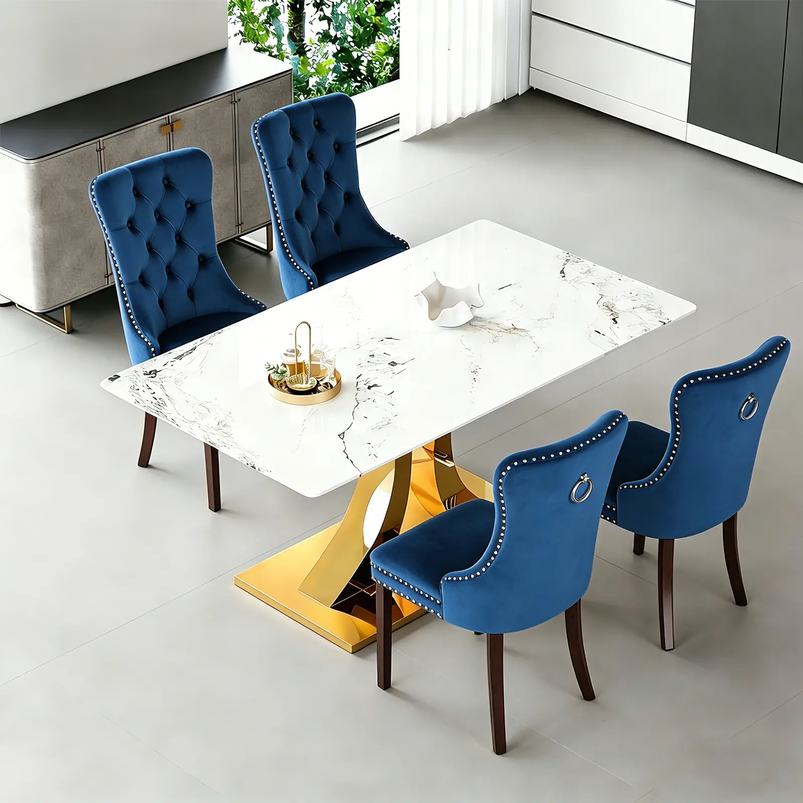 1 Table+4 Blue Solid Wood Leg Chairs