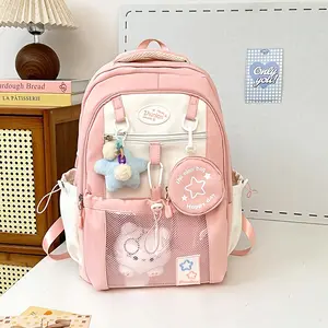 Stylish Nylon Backpack with Cute Bunny Charms - Lightweight, Spacious Design, Adjustable Straps, Front Mesh Pocket, "HAPPY LITTLE SOUL" Star Tag, Pink/Blue/Yellow/Black, Perfect for School or Casual Use, Everyday Bag |       Stylish Backpack, Backpack for