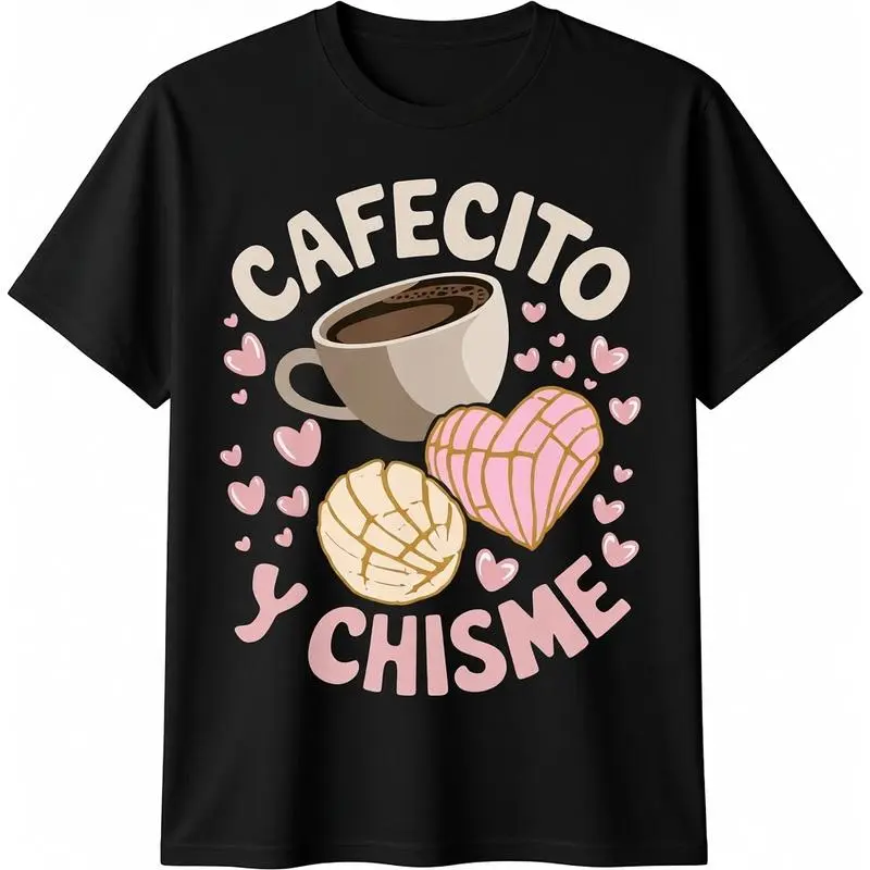 Men's 100% Cotton Round Neck Short-Sleeve Basic Fashion T-Shirt - Menswear Graphic Streetwear Top for All Seasons with Cafecito Y Chisme Latina Mexican Baked Concha Pastry Design