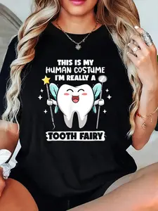 Tooth Fairy Human Costume Halloween Dental Hygienist Dentist T-Shirt Crew Neck T Shirt For Summer, Women's Soft Short Sleeve Top, Stylish Comfy Tee For Women Graphic Tees
