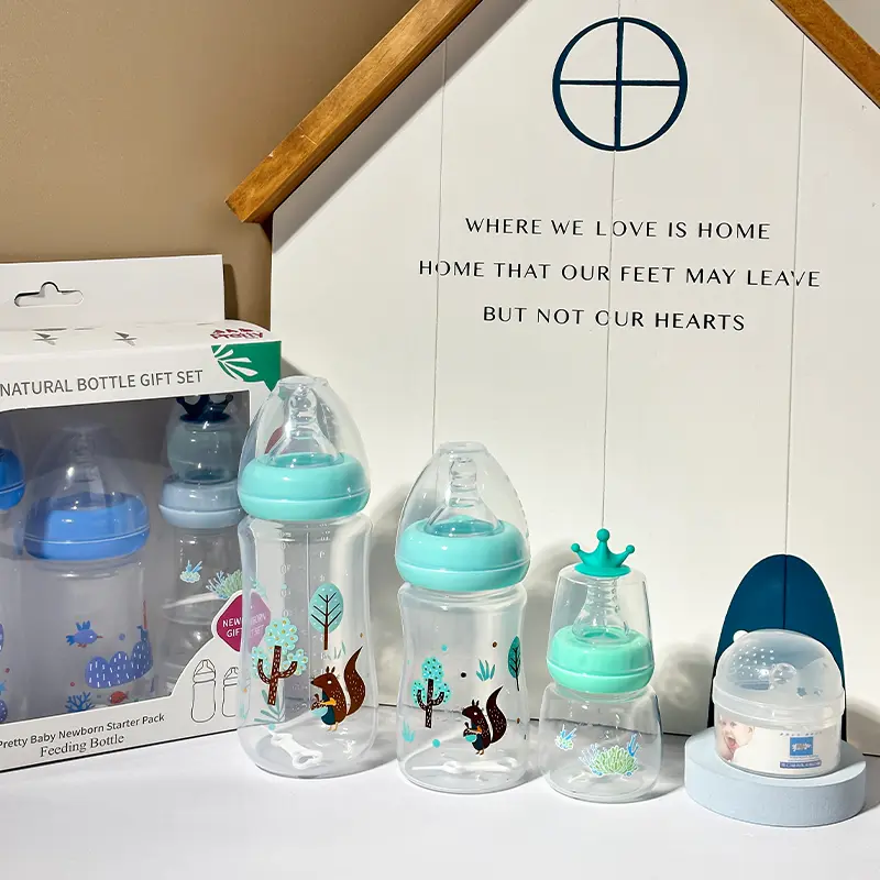 Pretty Baby Anti-Flatulence PP Wide-Neck Baby Bottles, 4-Piece High-End Gift Box Set for Newborns, Nature, Animals, Heat-Resistant, Unisex Baby