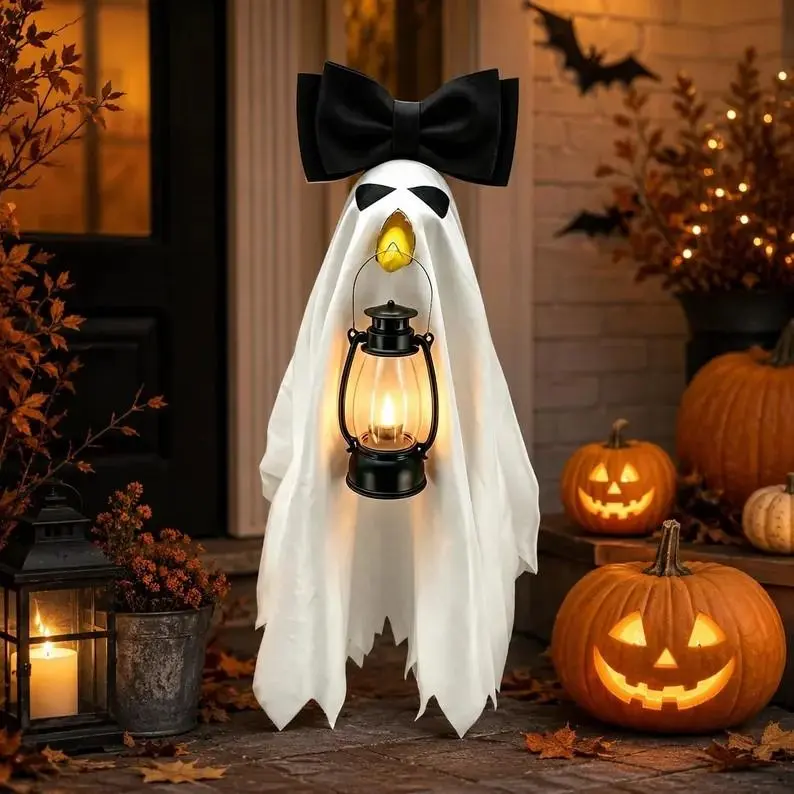 Outdoor LED Light-Up Spooky Cute Halloween Ghost Statues - Lantern-Equipped with Red & Black Bows, Garden Sculpture Decor for Home Improvement, Lawn Yd Ornament Backdrop