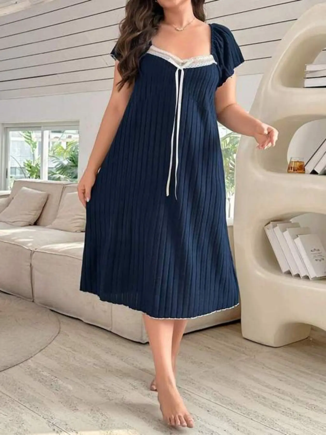 Large Size Loose Fit Elegant Chic Aesthetic Colorblock Lace Patchwork Square Neck Long Loungewear Sleep Dress with Hooded Sleeves, Moo Moo Sleepwear for Women
