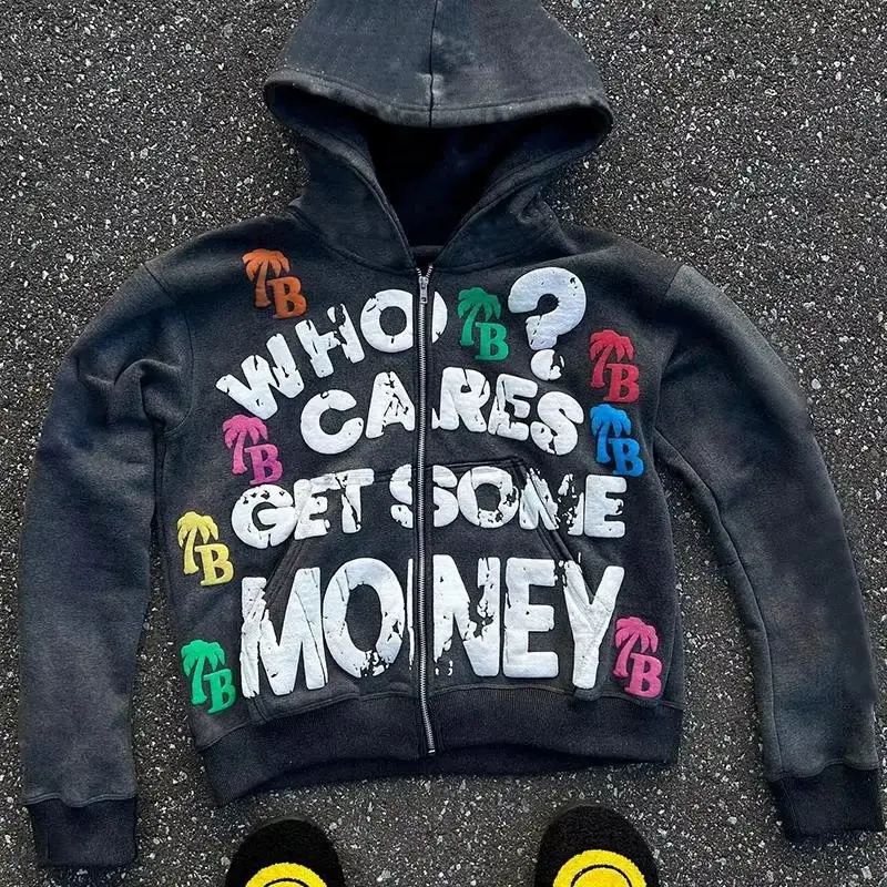 Women's Loose Zipper Hoodie - Letter Foam Print, 90s Style, 90s-Themed Graphic Style, Bold Graphic Design, Streetwear Casual Top, Hoodies For Women