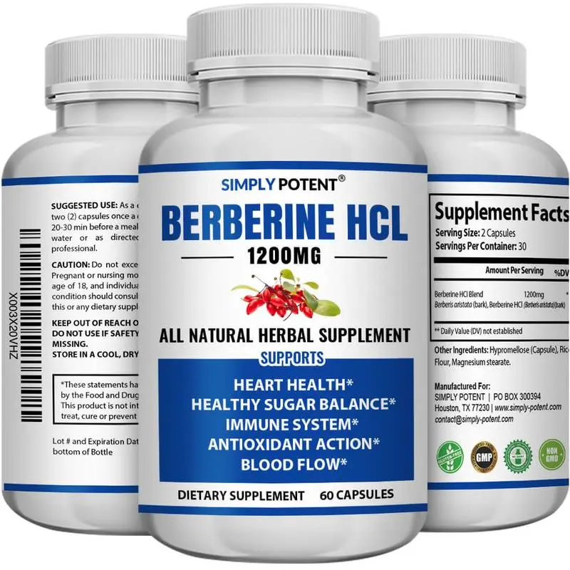 Simply Potent Berberine HCL Dietary Supplement - 1200 MG, 60 Capsules, Heart Health Support, Berberine Vitamins, Heart Health Supplements, Berberine Vitamins Supplements