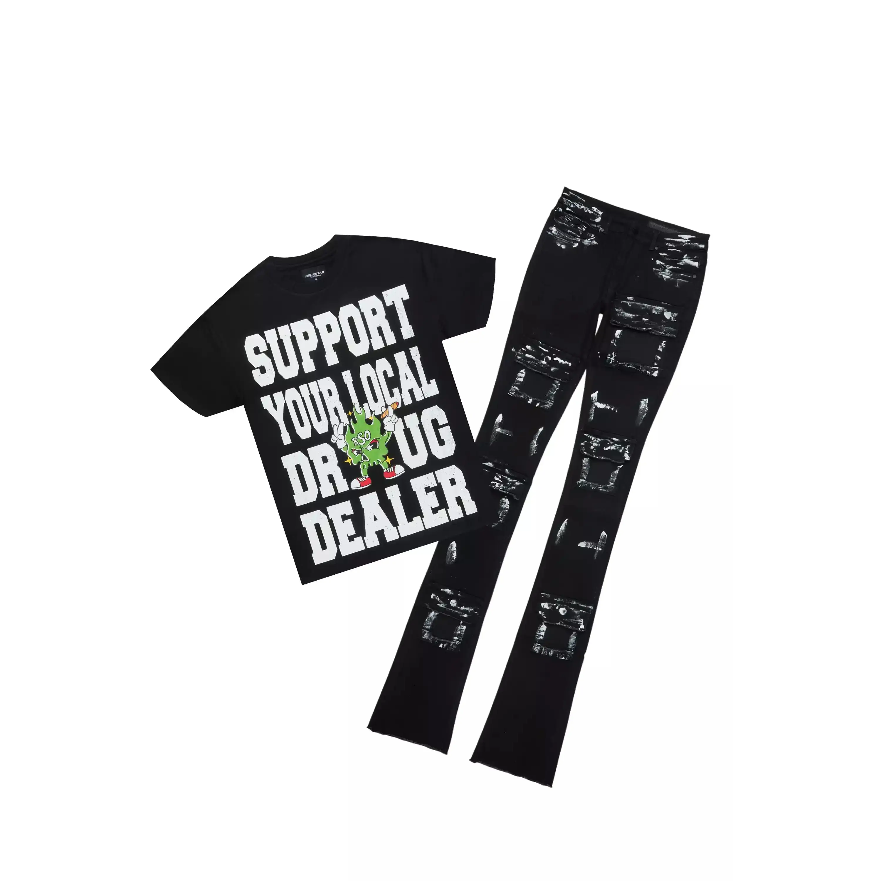 Tarl Black Oversized T-Shirt/Painted Super Stacked Flare Jean Bundle