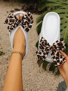 Summer New Leopard Print Butterfly Knot Flower Sandals, Soft Comfortable Women's Flip Flops, Indoor & Outdoor Casual Shoes, Leopard Pattern Slides, Butterfly Decorated Slides, Versatile Flat Sandals, Daily Wear Sandals, Fashion Flip Flops