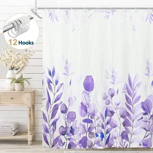 Purple Eucalyptus Fabric Shower Curtain, Modern Floral Bathroom Curtain with Hooks, 72" x 72"