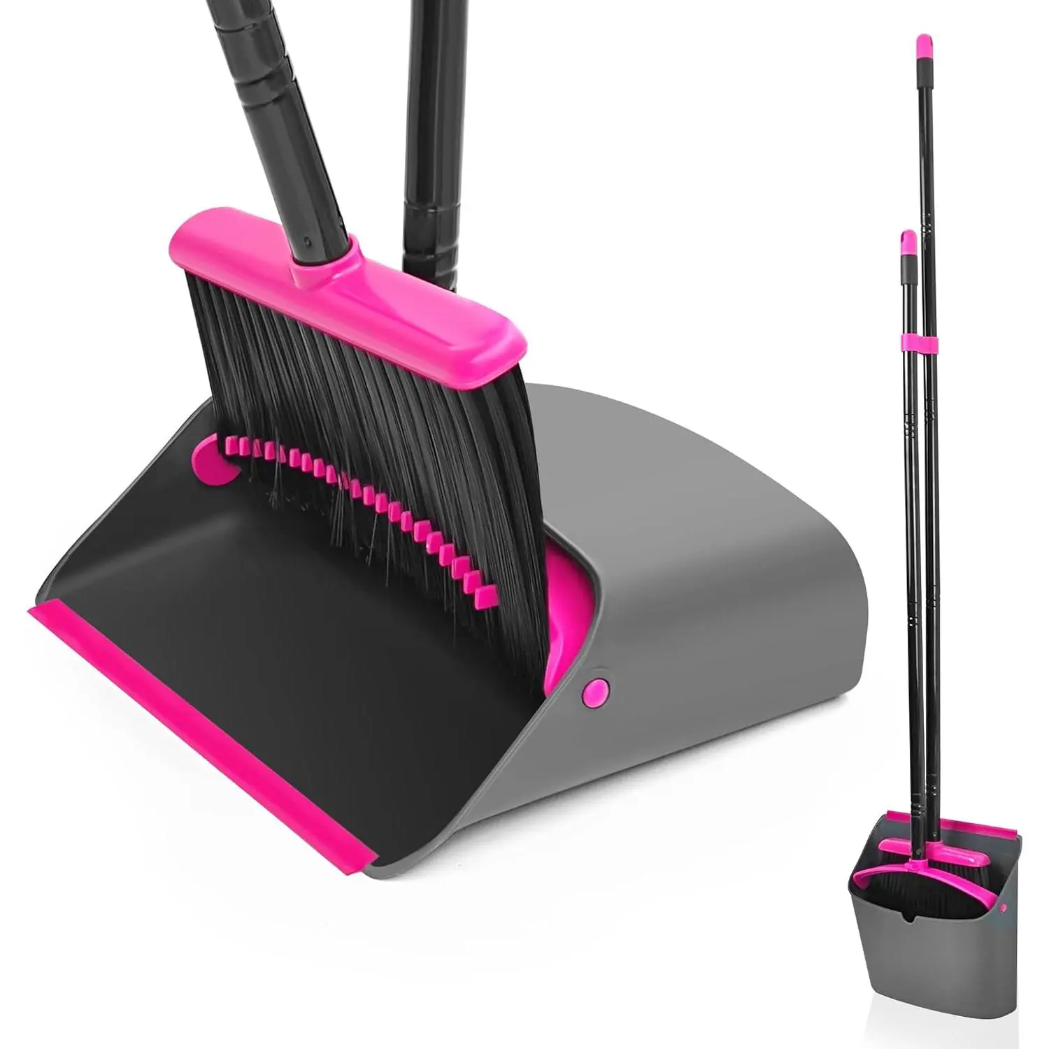 Broom with Dustpan Combo Set, Long Handle Lightweight Indoor Broom Set, Upright Standing Dust Pan with Comb  Store Sweep Set for  Room Kitchen Office Lobby (Rose Red)