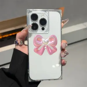 Cute Bow Transparent Phone Case for iPhone 11-16 Pro Max, Shockproof Full Coverage, Trendy Design, Anti-Drop Protection
