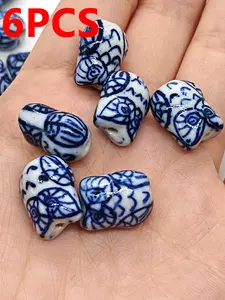 6pcs Vintage Chinese Blue White Owl Ceramic Beads, Handmade DIY Jewelry Accessories, Cute Cartoon Style, All Seasons Bead Supplies