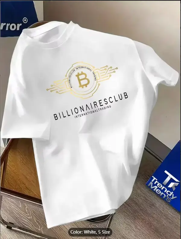 A New Choice for Trendsetters: T-shirt Featuring "BILLIONAIRES" Lettering Combined with Golden Bitcoin and Tech Prints, Infusing a Financial Fashion Vibe into Your Outfit! Slightly Elastic, a Novel Summer Design Top, Regular Fit, Summer Short-sleeve