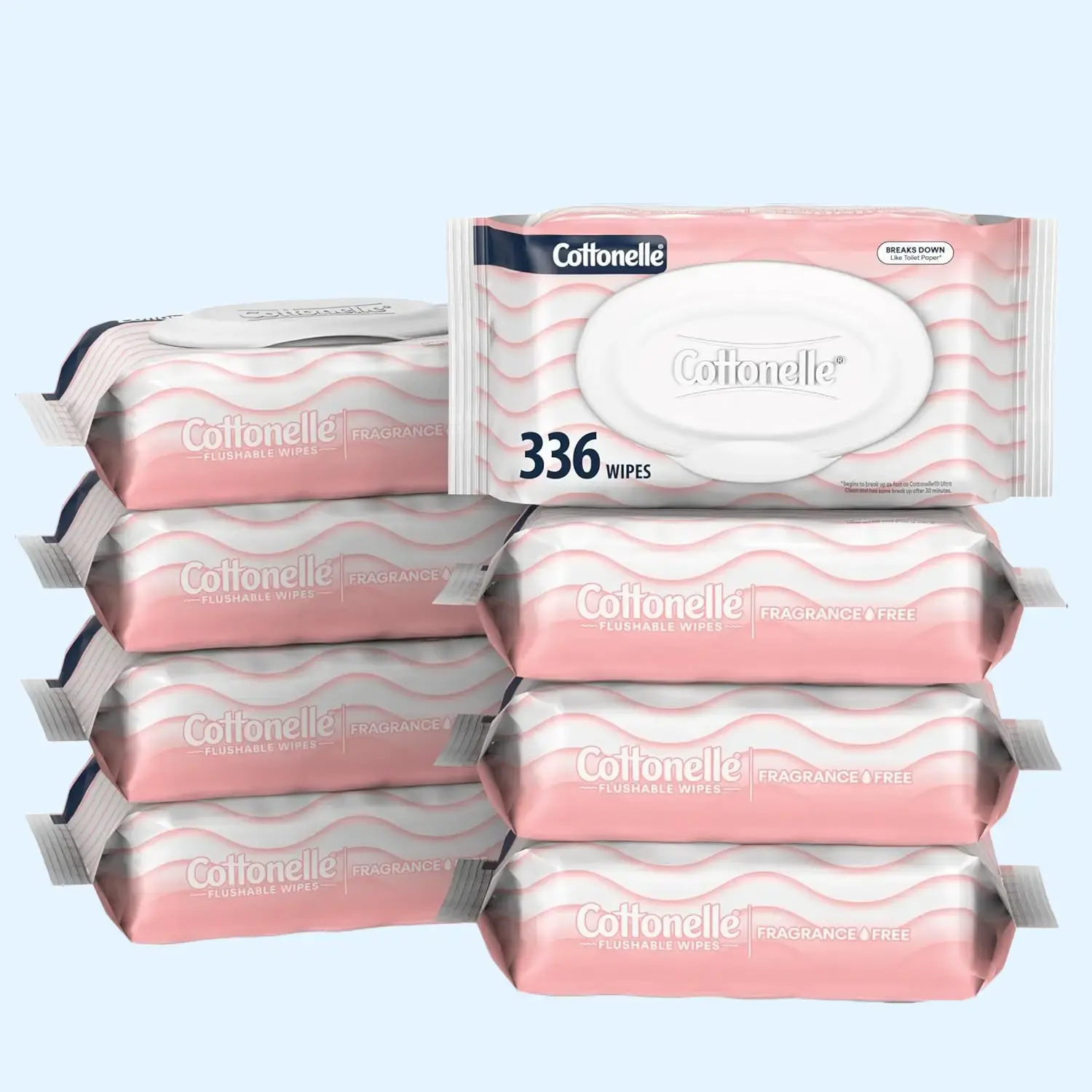 Cottonelle Fragrance Free Flushable Wet Wipes, Adult Wet Wipes, 8 Flip-Top Packs, 42 Wipes Per Pack