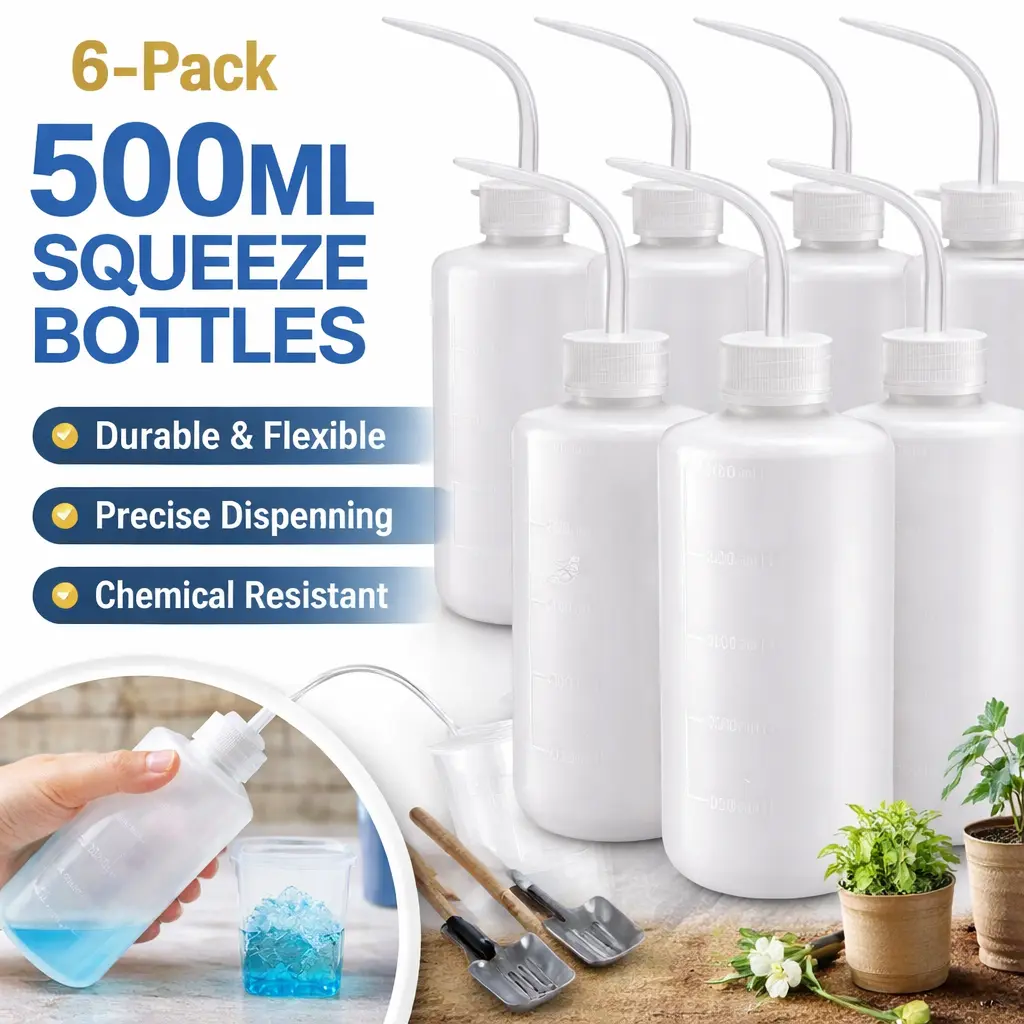 6-Pcs LDPE Lab Wash Bottles Set - 500ml, Narrow Mouth, Measurement Scale, Safe Squeeze Dispensing for Kitchen Measuring Utensils, Salons, 6Pcs