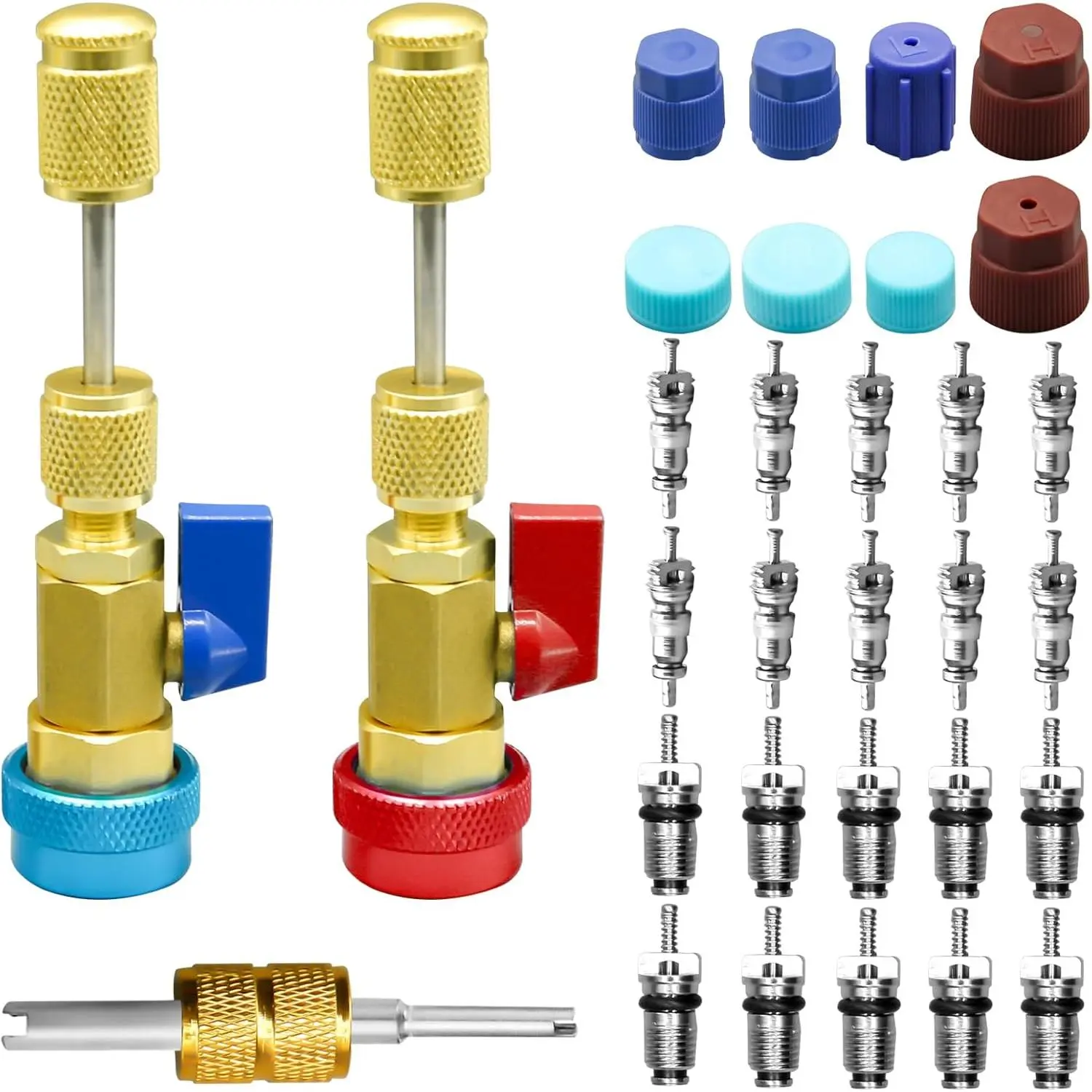 31 count R134A Valve Core Quick Remover Installer Tool Set, High Low  AC Valve Core  with R134A Valve Core AC Service Port Cap Valve Stem Kit for Refrigerant Air Conditioner System