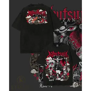 Kihutsuji Muzan Anime Shirt Double Printed Vintage Washed Tee Unisex Heavyweight Cotton Retro Japanese Streetwear Acid Wash T-shirt for Men and Women