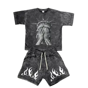 Men’s Fashion Cotton Sports Casual Short-Sleeve Top and Shorts Set — American Streetwear Y2K “Snowflake” Style, Freedom Goddess Flame Print, Unique Design. Comfortable, breathable, lightweight fabric for surfing and basketball. Suitable for all seasons. A