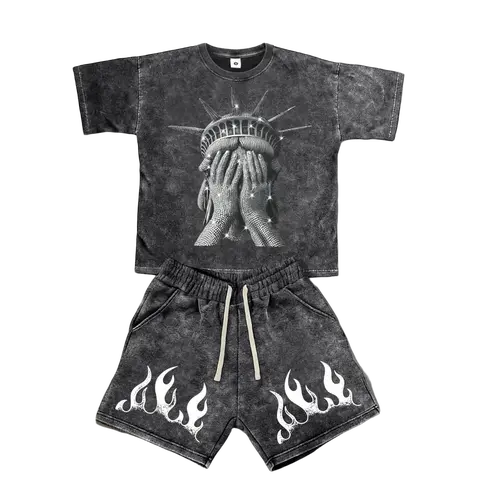 Men's 2-Piece Cotton Knit Sports Casual Short-Sleeve Top & Shorts Set - Menswear, Male Clothing, Clothes Products, Cotton, Street Wear, American Snowflake Style, Freedom Goddess Flame Print, Breathable Lightweight, All-Day Ease, for Surfing, Basketball