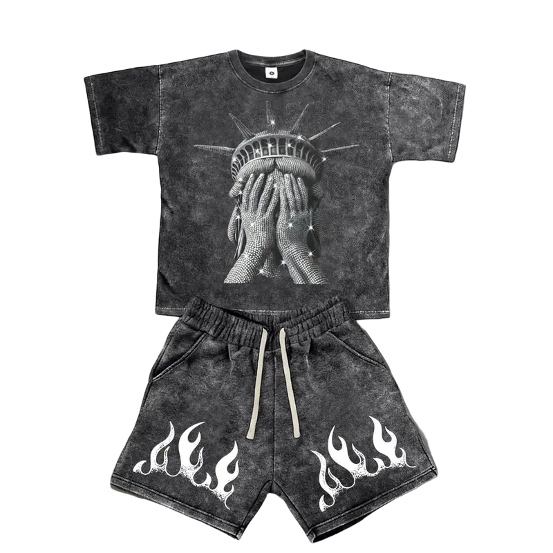 Men's 2-Piece Cotton Knit Sports Casual Short-Sleeve Top & Shorts Set - Menswear, Male Clothing, Clothes Products, Cotton, Street Wear, American Snowflake Style, Freedom Goddess Flame Print, Breathable Lightweight, All-Day Ease, for Surfing, Basketball