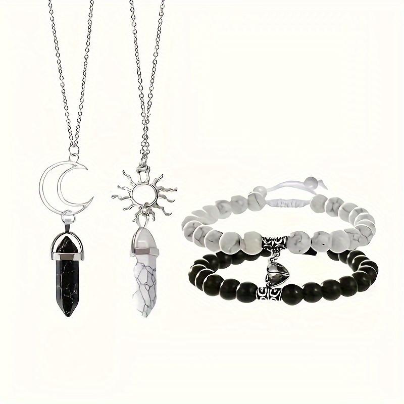 4pcs Sun Moon Synthetic Stone Turquoise Pendant Couple Necklace, Charm Lucky Love Magnetic Beads Bracelet, Valentine's Day Party Gift Set