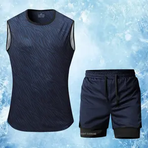 Men's Navy Blue 2-Piece Quick-Dry Workout Set, Sleeveless Camouflage Print Tank Top & Double-Layer Compression Shorts, Breathable & Moisture-Wicking, Perfect for Gym, Running, Training, Outdoor Activities and All-Day Comfort