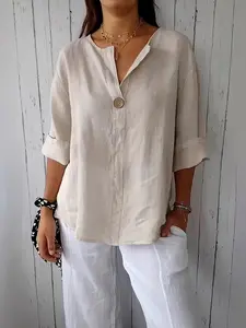 Women's Cotton Linen V-Neck Shirt Long Sleeve Button-Front, Casual Button Up, Elegant Loose Fit Blouse, Casual Summer Top, Comfortable and Stylish
