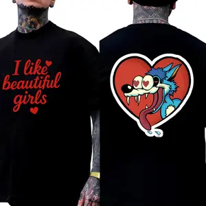 GEM Cotton printed short sleeves, double-sided large picture: red confession + love mad wolf, street style Y2K T-shirt, unisex loose Tee