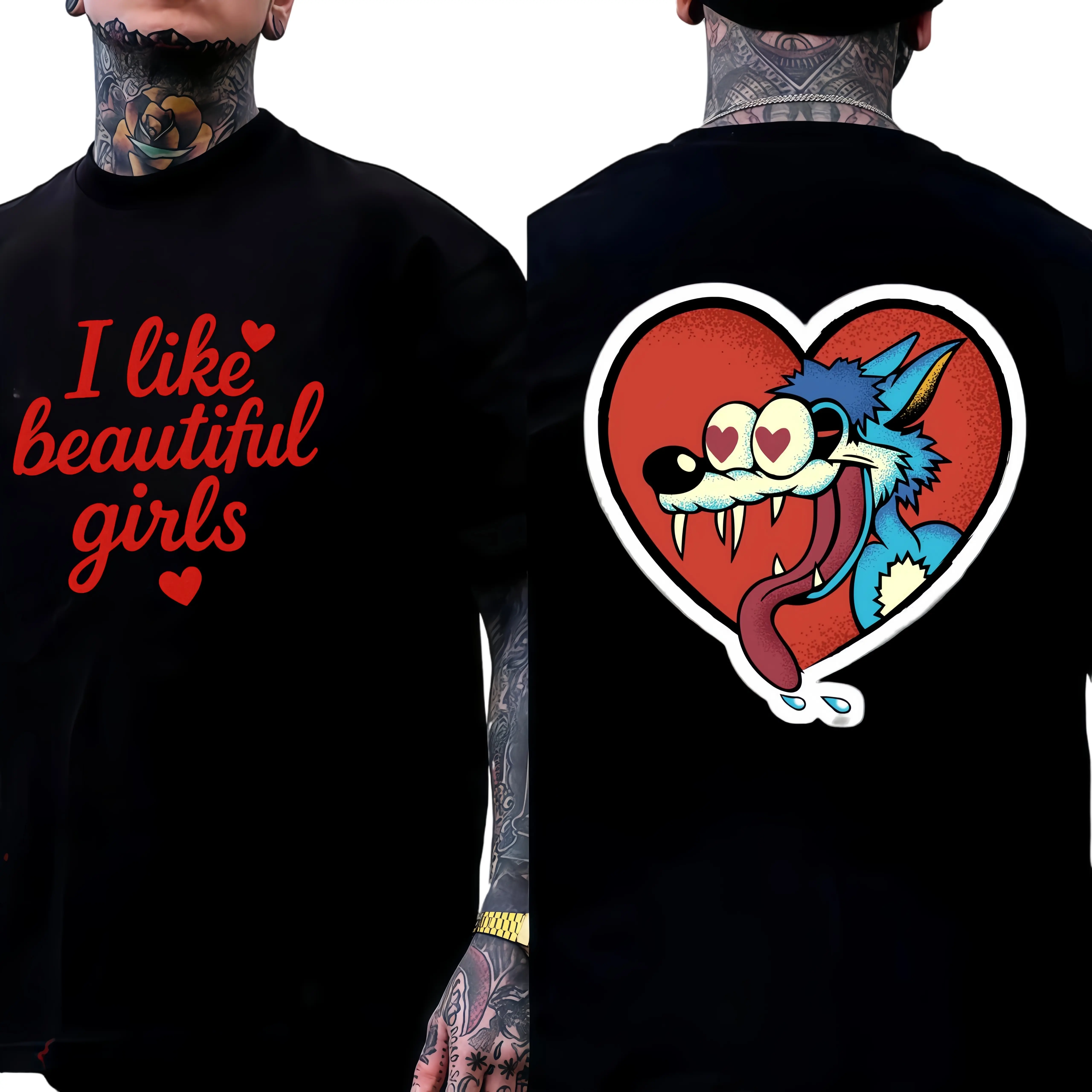 Cotton Printed Short Sleeves Double-Sided Large Graphic Red Confession Love Mad Wolf Street Y2K Unisex Loose Tee Daily Casual Dating Wear Trendy Comfy Essential urban  menswear Classic Tops