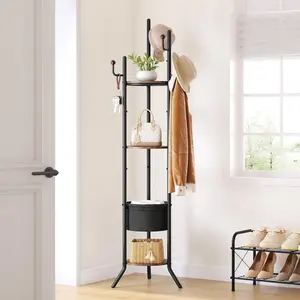 Coat Rack Freestanding, Round Coat Rack with 3 Wooden Shelves and 1 Fabric Basket, Metal Clothes Tree with 5 Hooks, Coat Hanger Stand for Clothes, Hats, Bags, Brown and Black