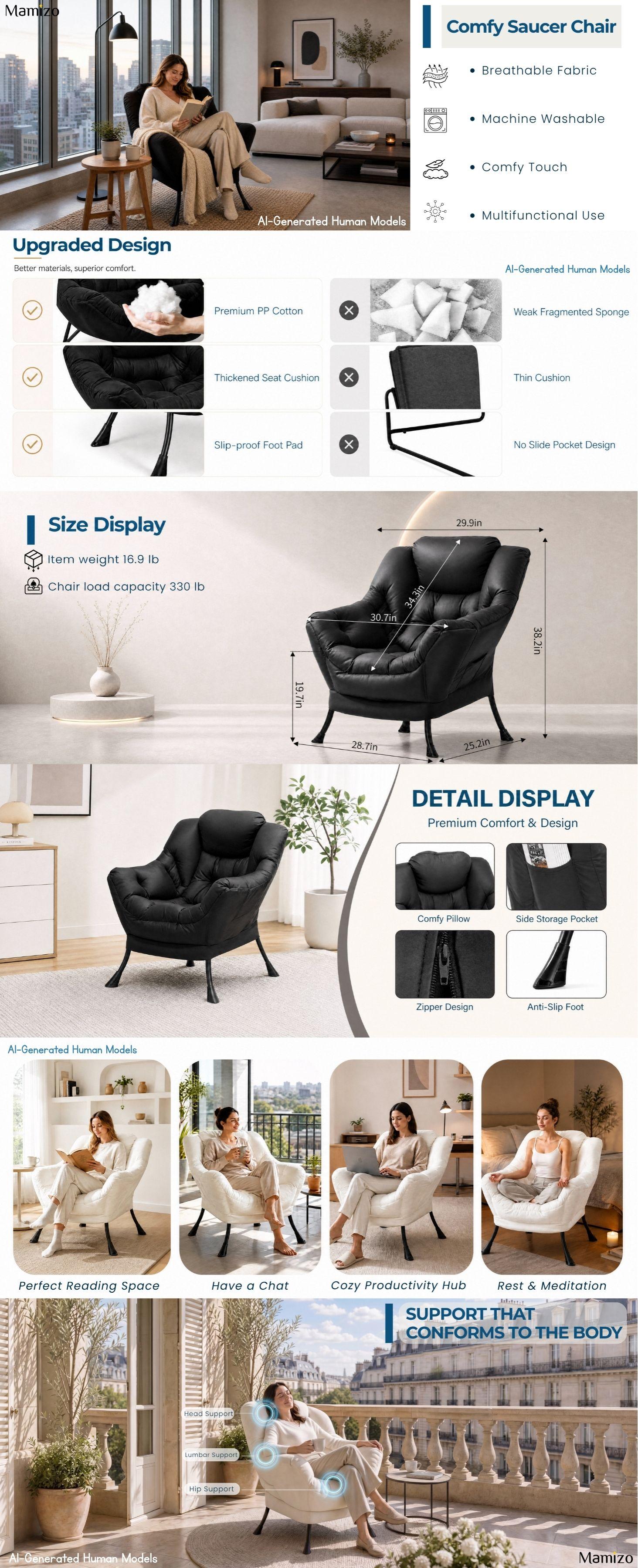 MAMIZO Comfy Lazy Chair, Modern Accent Sofa Chair with Side Storage Pocket, Upholstered Leisure Lounge Armchair with Soft Cushion for Small Space, Bedroom, Living Room, Office【tiktokshopsummersale】