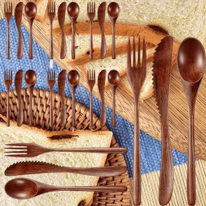 24pcs Wooden Cutlery Set Durable High-Quality Wooden Cutlery Includes Spoon, Fork & Knife, Handcrafted, Lightweight & Durable Kitchen Utensils