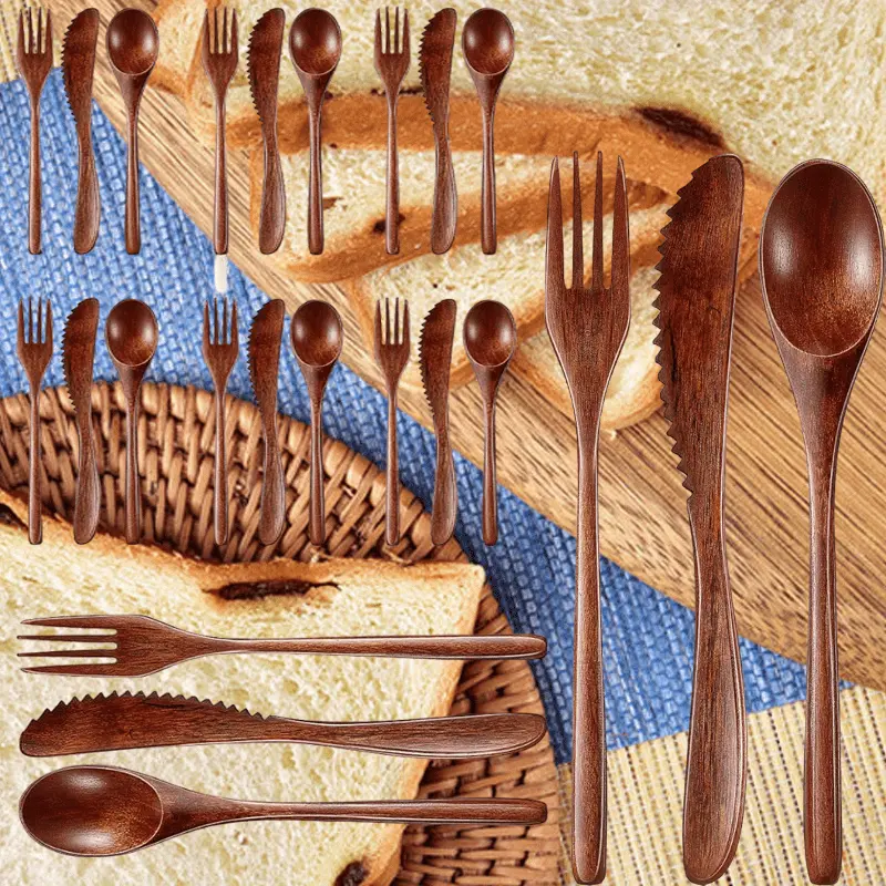 24pcs Wooden Cutlery Set Durable High-Quality Wooden Cutlery Includes Spoon, Fork & Knife, Handcrafted, Lightweight & Durable Kitchen Utensils, Tableware