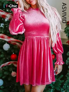 Women's Plain Frill Trim Shirred Mock Neck A Line Dress, Elegant Chic Bishop Sleeve Short Dress for Party Holiday Wedding Guest, Ladies Clothes for Winter