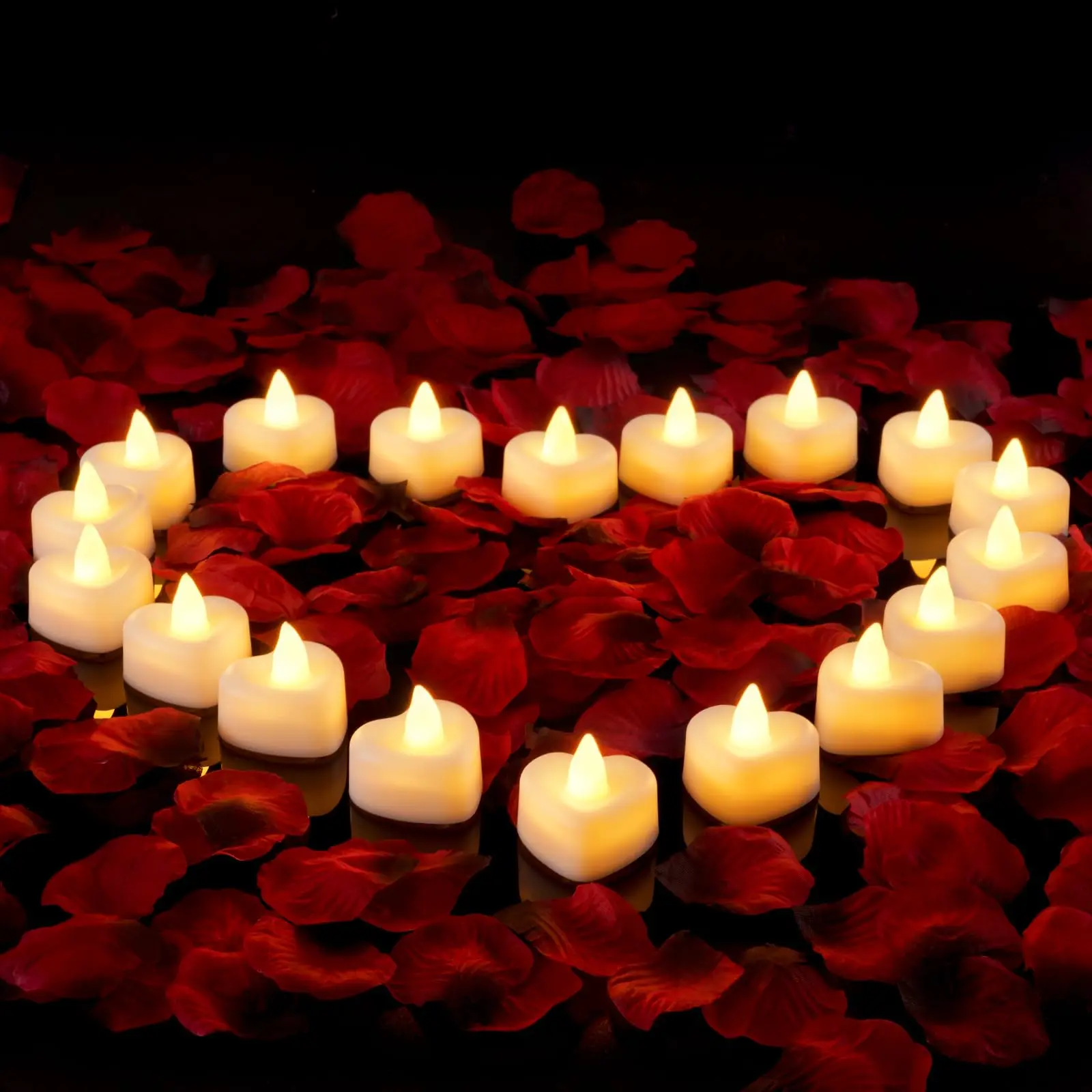 2000-Piece Artificial Rose Petals & 24 Heart LED Tea Light Candles Kit, Safety Love Gift for Anniversary Gifts for Her, Wedding Table Decor, Romantic Room Supplies Back to School Summer Sale Deals