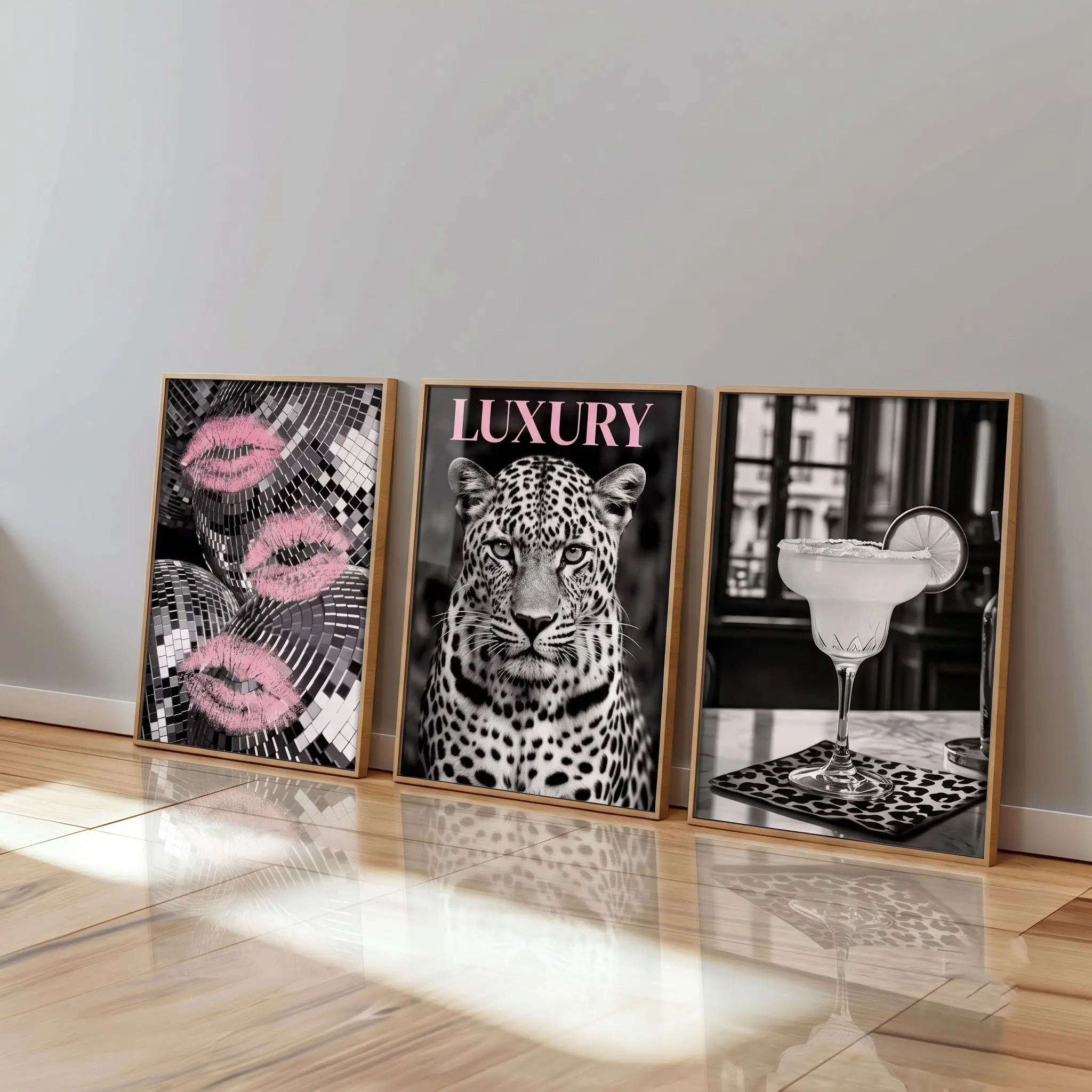 Set of 3 Trendy Preppy Y2K Wall Art Unframed Posters - Pink Lips Leopard & Cocktail Art Prints for Bedroom & Dorm Decor