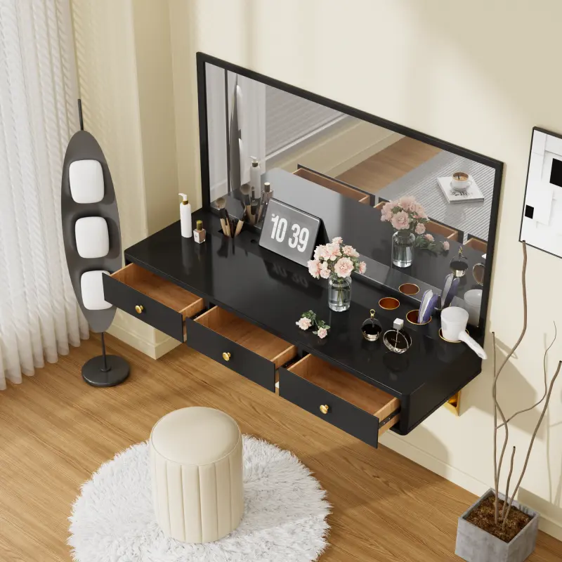47" Floating Shelf with Drawer, Multi-Purpose Wall-Mounted Vanity Mirror Table, Mounted Desk, Floating Table for Bedroom, Bathroom, Hairdressers, Black and Golden